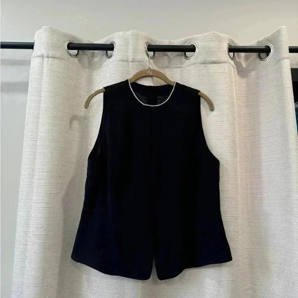 Linda Allard Ellen Tracy Vintage Black Sleeveless Blouse, Rhinestone Size 16